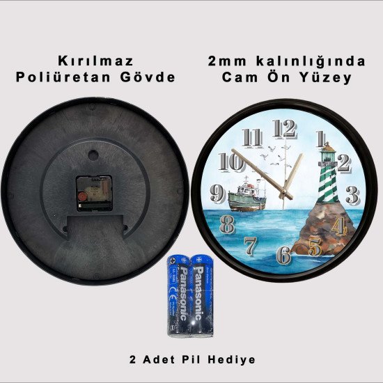 Deniz Feneri Temalı Sessiz Duvar Saati Deniz feneri ve balıkçı teknesi tasarımlı dekoratif duvar saati
