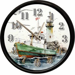 Deniz Feneri ve Balıkçı Teknesi Temalı Dekoratif Duvar Saati 28 Cm Sessiz Mekanizma