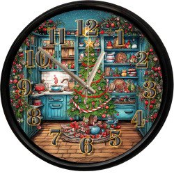 Yılbaşı Ağacı ve Nostaljik Mutfak Temalı Dekoratif Duvar Saati 28 Cm Sessiz Mekanizma