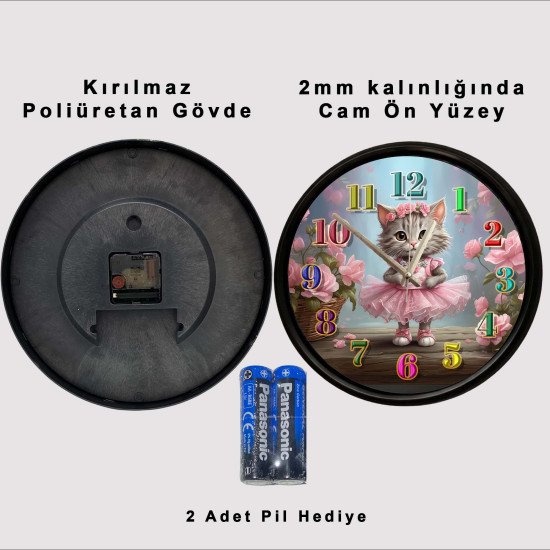 Çiçek Taçlı Kedi Temalı Sessiz Duvar Saati Çiçek taçlı sevimli kedi tasarımlı dekoratif duvar saati
