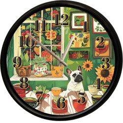 Fransız Bulldog ve Bitki Köşesi Temalı Dekoratif Duvar Saati 28 Cm Sessiz Mekanizma