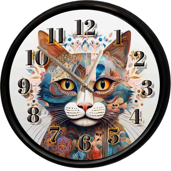 Sanatsal Kedi Portresi Sessiz Duvar Saati Sanatsal desenlerle tasarlanmış renkli kedi portresi dekoratif duvar saati