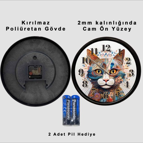 Sanatsal Kedi Portresi Sessiz Duvar Saati Sanatsal desenlerle tasarlanmış renkli kedi portresi dekoratif duvar saati
