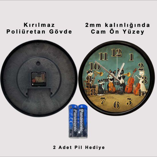 Müzisyen Kediler Temalı Sessiz Duvar Saati Müzik enstrümanları çalan kedilerden oluşan dekoratif duvar saati