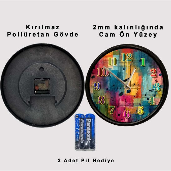 Soyut Müzik Notaları Sessiz Duvar Saati Soyut renkler ve müzik notalarıyla tasarlanmış dekoratif duvar saati