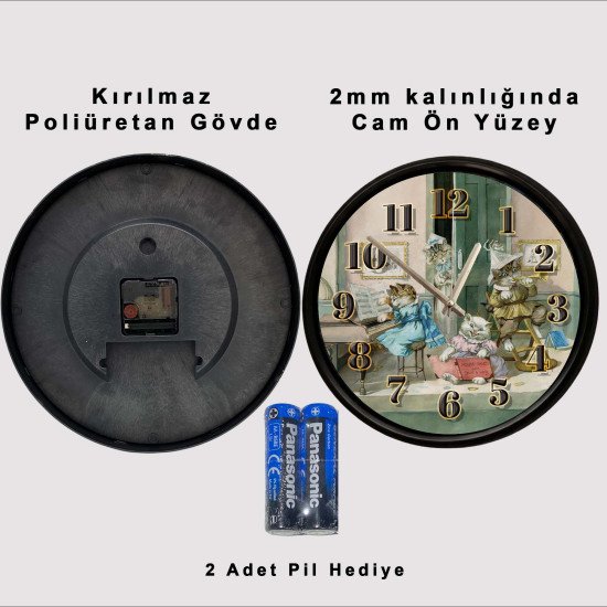 Sevimli Müzisyen Kediler Sessiz Duvar Saati Müzik yapan sevimli kediler temalı dekoratif duvar saati
