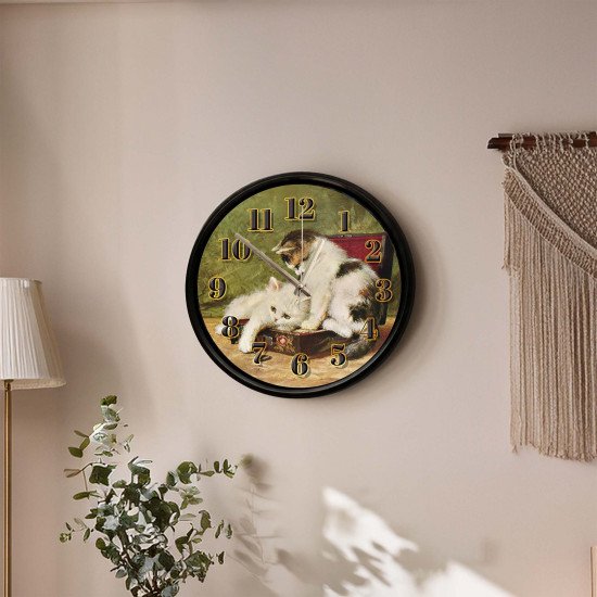 Vintage Yavru Kediler Sessiz Duvar Saati Vintage tarzda yavru kediler temalı dekoratif duvar saati