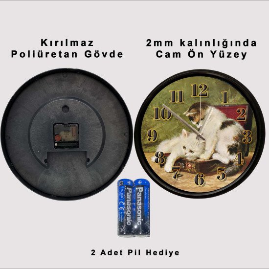 Vintage Yavru Kediler Sessiz Duvar Saati Vintage tarzda yavru kediler temalı dekoratif duvar saati