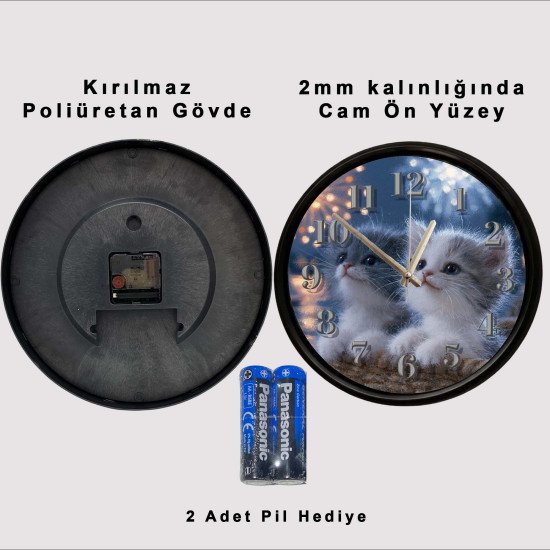 İki sevimli yavru kedi temalı dekoratif duvar saati