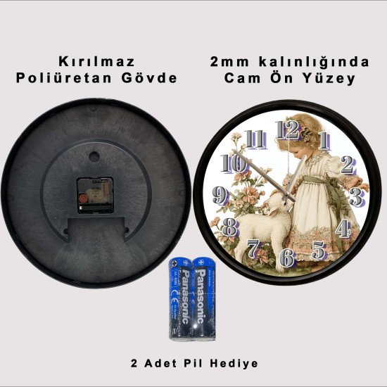 Kız Çocuğu ve Kuzu Temalı Sessiz Duvar Saati Vintage kız çocuğu ve kuzu tasarımlı dekoratif duvar saati