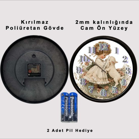 Kız çocuğu ve kuzu dostluğu temalı dekoratif duvar saati