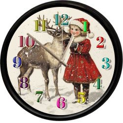 Noel Kız ve Geyik Temalı Dekoratif Duvar Saati 28 Cm Sessiz Mekanizma