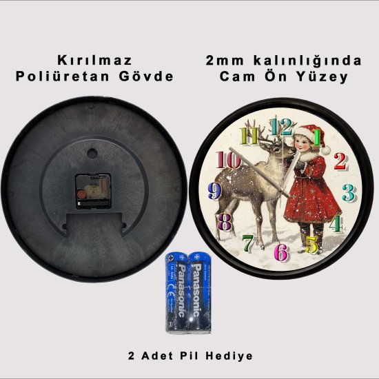 Noel Temalı Kız ve Geyik Sessiz Duvar Saati Noel kız ve geyik temalı dekoratif duvar saati