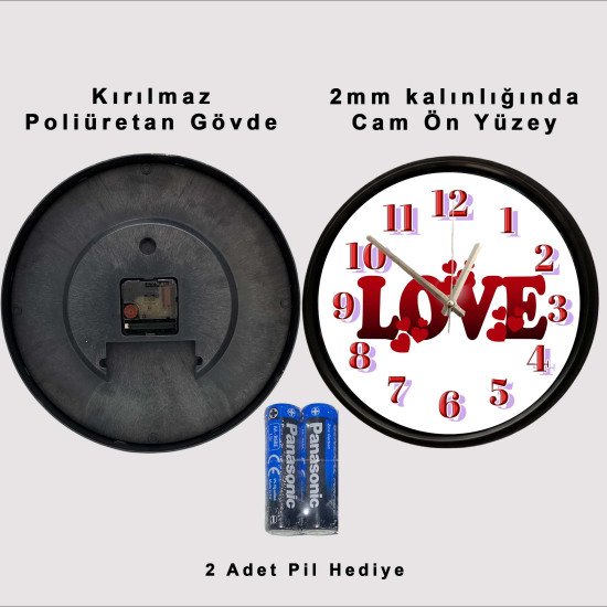Love Kalpli Sessiz Duvar Saati Love yazılı kalpli romantik dekoratif duvar saati
