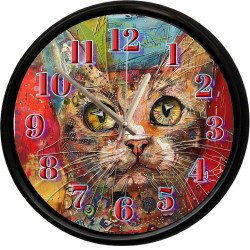 Renkli Sanatsal Kedi Portresi Dekoratif Duvar Saati 28 Cm Sessiz Mekanizma