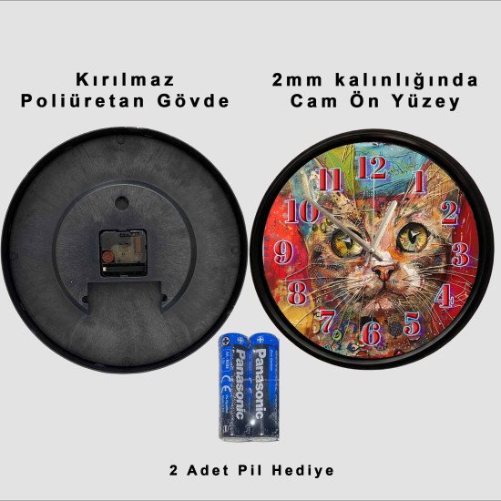 Modern Sanat Temalı Kedi Duvar Saati Renkli sanatsal kedi portresi dekoratif duvar saati