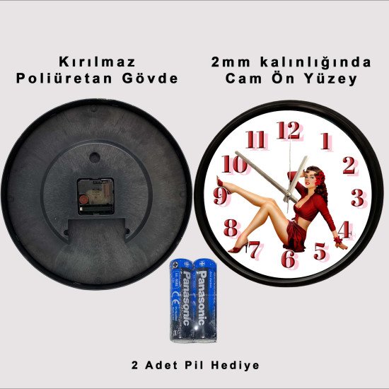 Retro Pin-Up Kadın Duvar Saati Vintage pin-up kadın tasarımlı dekoratif duvar saati