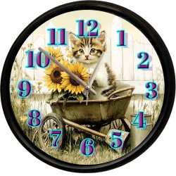 Ayçiçekleri ve Sevimli Yavru Kedi Dekoratif Duvar Saati 28 Cm Sessiz Mekanizma