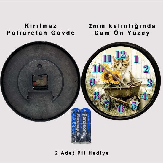 Ayçiçekli Yavru Kedi Duvar Saati Ayçiçekleri ve yavru kedi tasarımlı dekoratif duvar saati