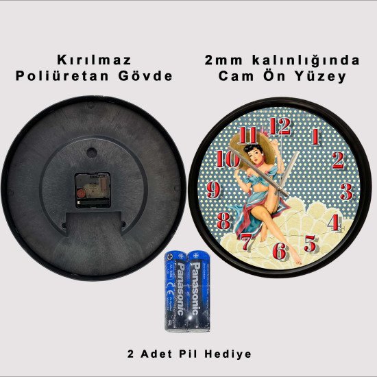Retro Pin-Up Kadın Tasarımlı Dekoratif Duvar Saati Retro pin-up kadın tasarımlı dekoratif duvar saati 28 cm sessiz mekanizma