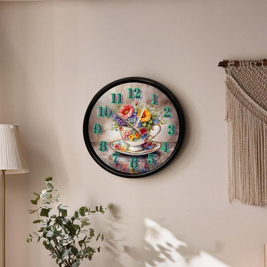 Çiçek buketli porselen fincan tasarımlı dekoratif duvar saati 28 cm sessiz mekanizma