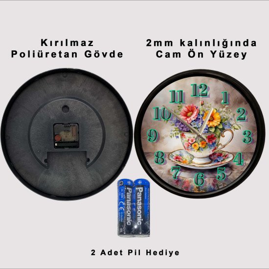 Çiçek buketli porselen fincan tasarımlı dekoratif duvar saati 28 cm sessiz mekanizma