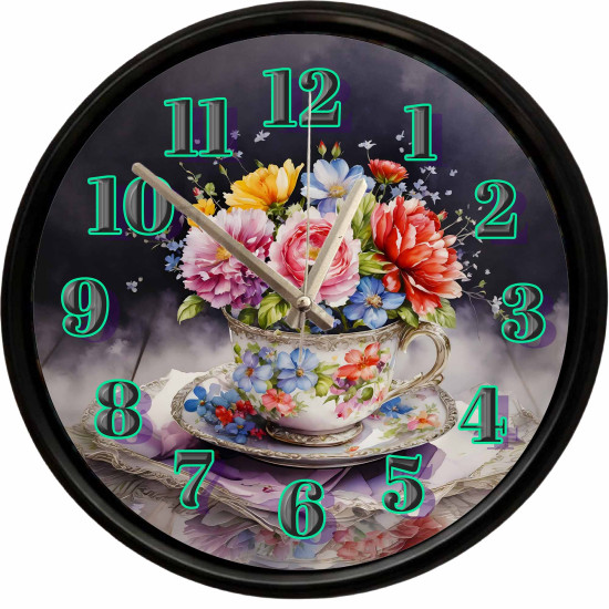 Çiçek buketli vintage fincan tasarımlı dekoratif duvar saati 28 cm sessiz mekanizma