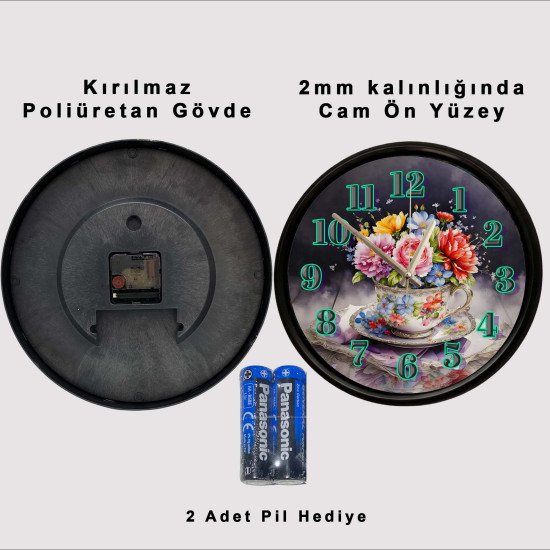 Çiçek buketli vintage fincan tasarımlı dekoratif duvar saati 28 cm sessiz mekanizma