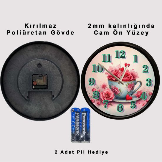 Gül Buketi ve Kalp Detaylı Fincan Tasarımlı Dekoratif Duvar Saati Gül buketi ve kalp detaylı fincan tasarımlı dekoratif duvar saati 28 cm sessiz mekanizma