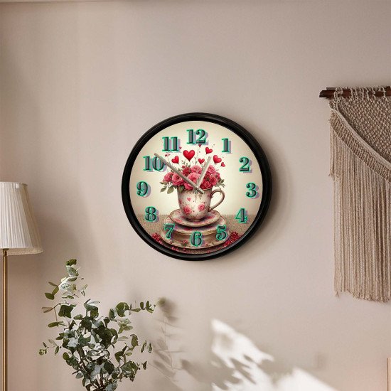 Kalp ve gül buketi tasarımlı vintage fincan dekoratif duvar saati 28 cm sessiz mekanizma
