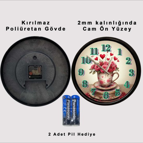 Kalp ve gül buketi tasarımlı vintage fincan dekoratif duvar saati 28 cm sessiz mekanizma