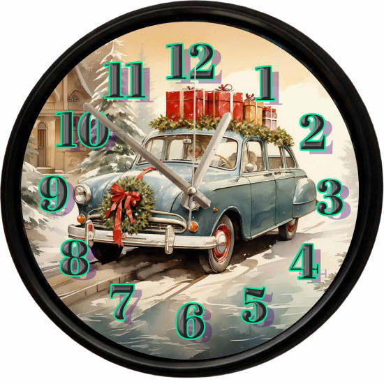 Yılbaşı Temalı Nostaljik Otomobil Dekoratif Duvar Saati Yılbaşı hediyeleri yüklü nostaljik otomobil tasarımlı dekoratif duvar saati 28 cm sessiz mekanizma