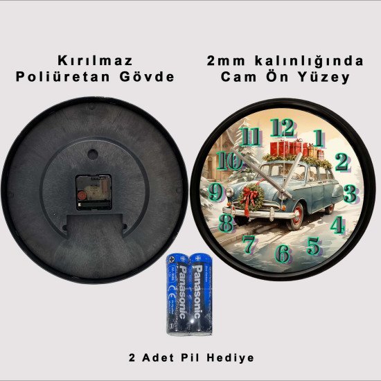 Yılbaşı Temalı Nostaljik Otomobil Dekoratif Duvar Saati Yılbaşı hediyeleri yüklü nostaljik otomobil tasarımlı dekoratif duvar saati 28 cm sessiz mekanizma