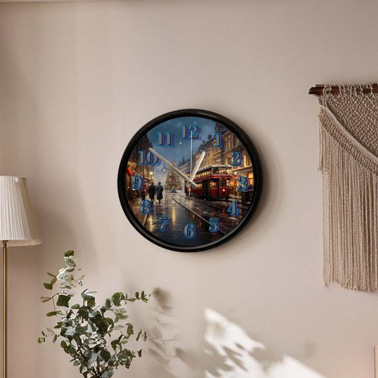 Nostaljik Tramvay ve Yılbaşı Şehri Dekoratif Duvar Saati Nostaljik tramvay ve yılbaşı şehri tasarımlı dekoratif duvar saati 28 cm sessiz mekanizma