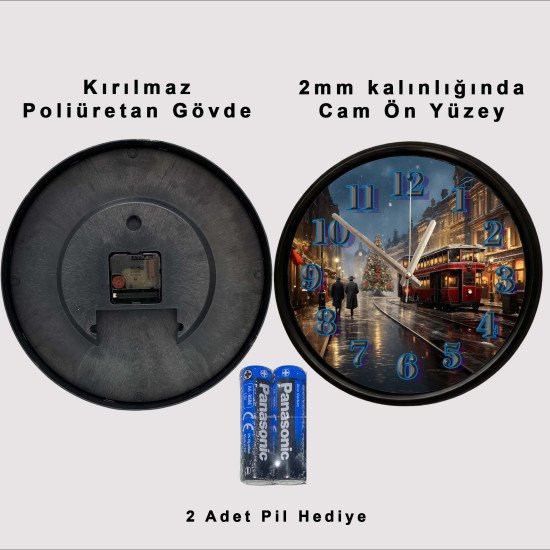 Nostaljik Tramvay ve Yılbaşı Şehri Dekoratif Duvar Saati Nostaljik tramvay ve yılbaşı şehri tasarımlı dekoratif duvar saati 28 cm sessiz mekanizma