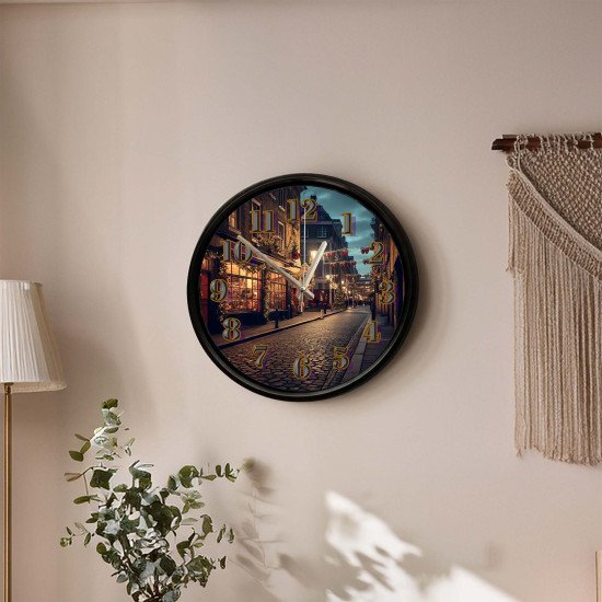 Işıltılı Yılbaşı Sokağı Dekoratif Duvar Saati Işıltılı yılbaşı sokağı tasarımlı dekoratif duvar saati 28 cm sessiz mekanizma