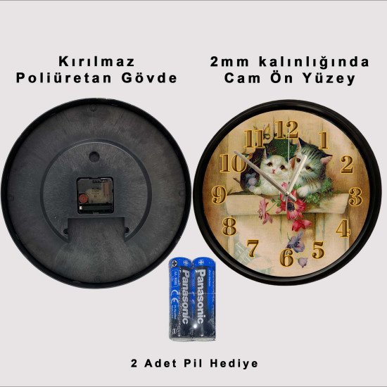Sevimli Yavru Kediler Dekoratif Duvar Saati Sevimli yavru kediler tasarımlı dekoratif duvar saati 28 cm sessiz mekanizma