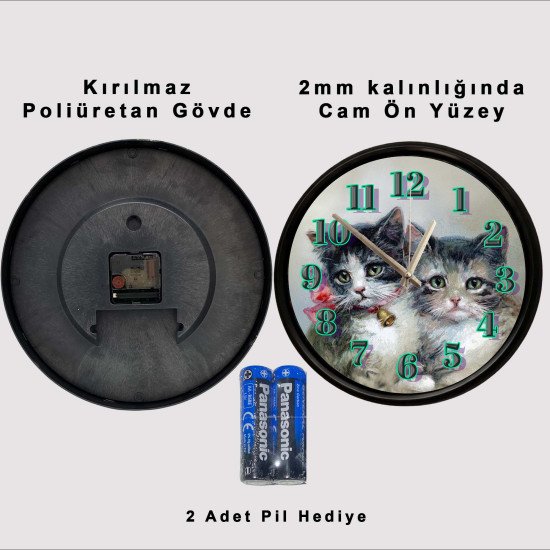 Sevimli Yavru Kediler Portre Dekoratif Duvar Saati Sevimli yavru kediler portre tasarımlı dekoratif duvar saati 28 cm sessiz mekanizma