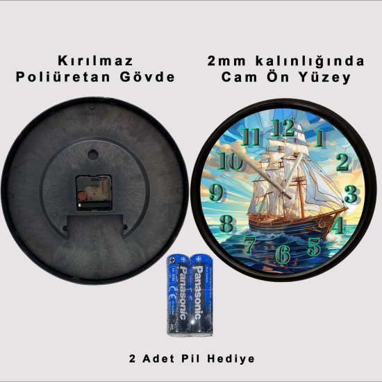 Yelkenli Gemi Dekoratif Duvar Saati Yelkenli gemi tasarımlı dekoratif duvar saati 28 cm sessiz mekanizma