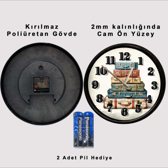 Vintage Bavul Temalı Duvar Saati Vintage bavul tasarımlı dekoratif duvar saati 28 cm sessiz mekanizma