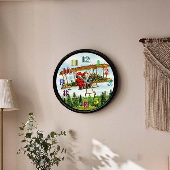 Vintage Uçak Temalı Duvar Saati Vintage çift kanatlı uçak tasarımlı dekoratif duvar saati 28 cm sessiz mekanizma