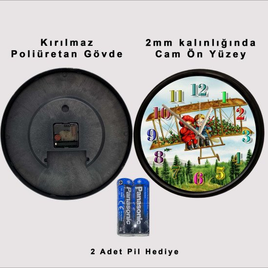 Vintage Uçak Temalı Duvar Saati Vintage çift kanatlı uçak tasarımlı dekoratif duvar saati 28 cm sessiz mekanizma