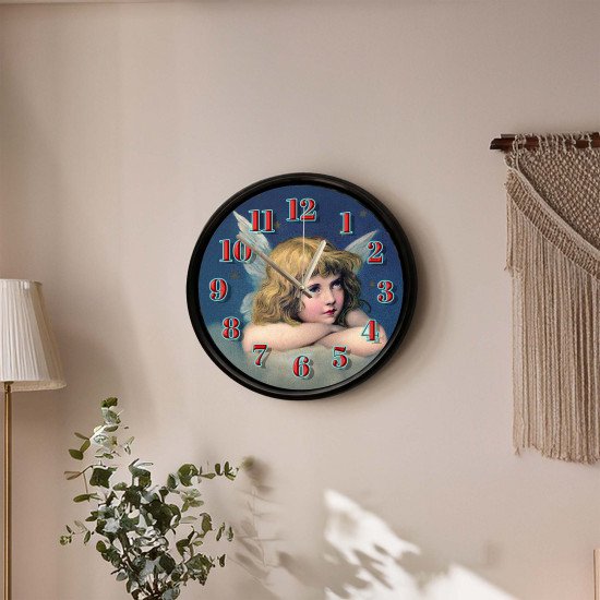 Vintage melek figürlü dekoratif duvar saati 28 cm sessiz mekanizma