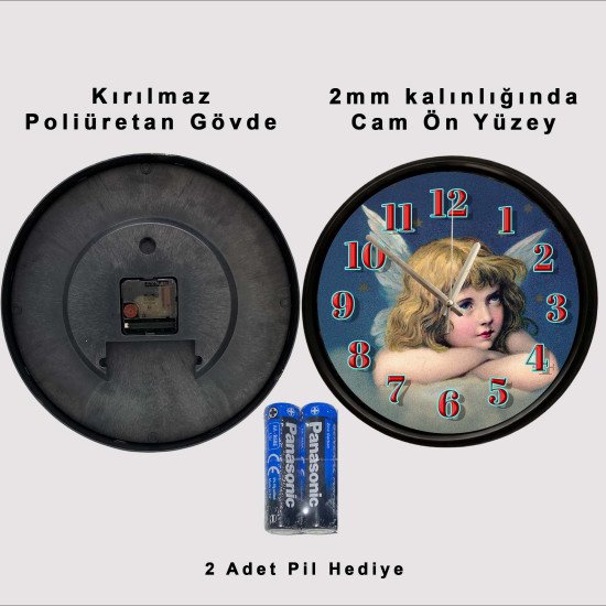 Vintage melek figürlü dekoratif duvar saati 28 cm sessiz mekanizma