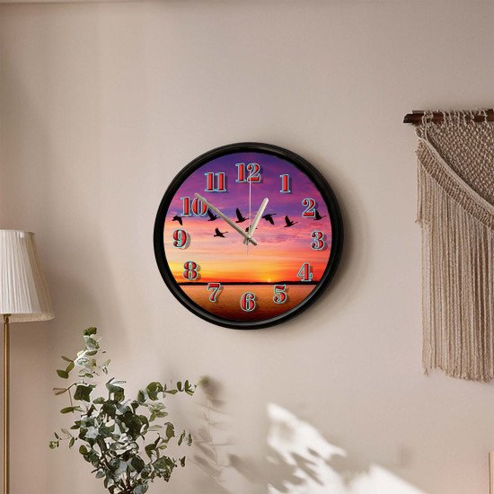 Gün Batımı ve Kuşlar Temalı Duvar Saati Gün batımında uçan kuşlar dekoratif duvar saati 28 cm sessiz mekanizma