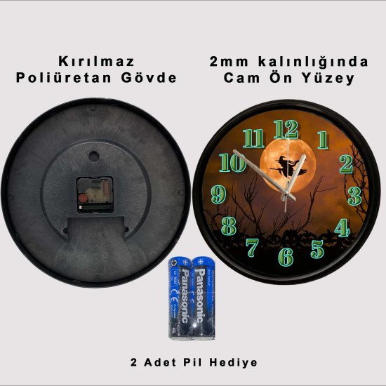 Dolunay ve Cadı Silüeti Dekoratif Duvar Saati Cadı ve dolunay temalı dekoratif duvar saati 28 cm sessiz mekanizma