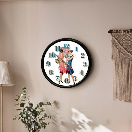 Vintage Moda Temalı Dekoratif Duvar Saati Vintage kıyafetli iki kadın figürü tasarımlı dekoratif duvar saati