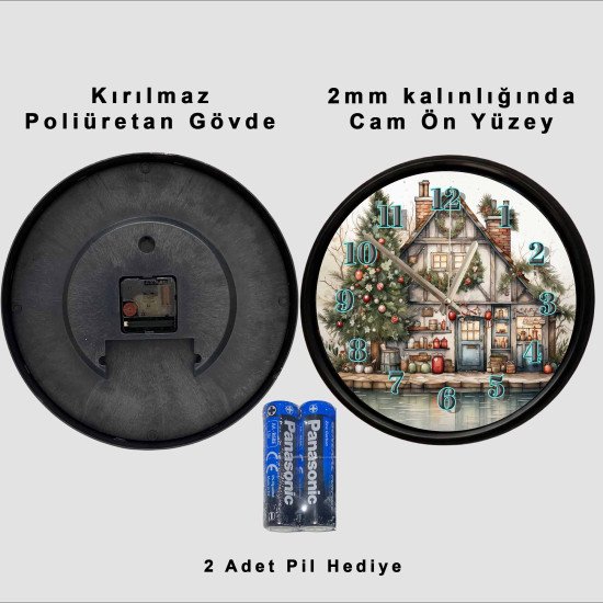 Yılbaşı Ağacı ve Kır Evi Dekoratif Duvar Saati Yılbaşı ağacı ve rustik kır evi temalı dekoratif duvar saati