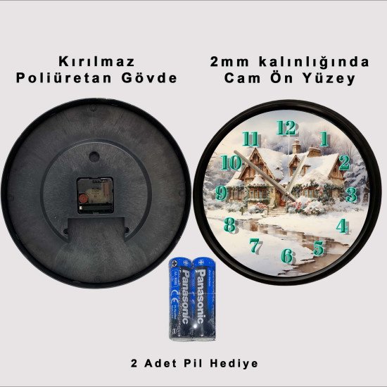 Karlı Kır Evi Temalı Dekoratif Duvar Saati Karlarla kaplı kır evi manzaralı dekoratif duvar saati