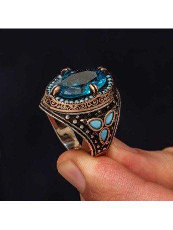 Gümüş Aquamarine Taşlı Erkek Yüzük CSR2185945